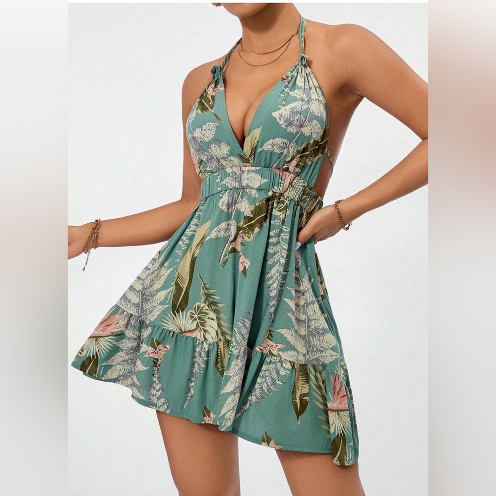 NWOT SHEIN Extra Small Green Blue Multi Tropical Print Halter Tie Back Sexy Mini - Picture 3 of 7